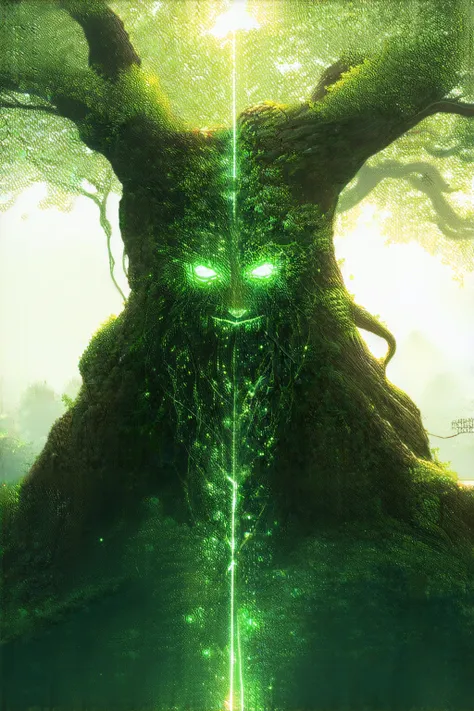 high resolution, rich contrast, best quality, 8k, Mysterious Forest Giant, Spirit,  Nature's Incarnation , Verdant Light , Runes,  sacred,  Kindness , Legend,  Quiet Smile,  Guardian of Life , Mythical, Glowing Ancient Trees , Falls in the Sky,  sacredなオーラ...