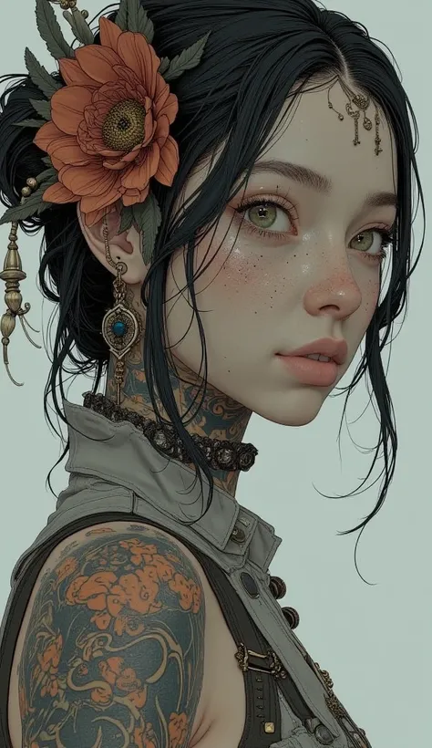 a woman with tattoos and a flower in her hair . By Oliver Singh, Zbrush Central, Renaissance, Masterpiece Portrait of Ansolo, Super detailed fantasy characters, High precision , horror! High precision, (High precision figure),
