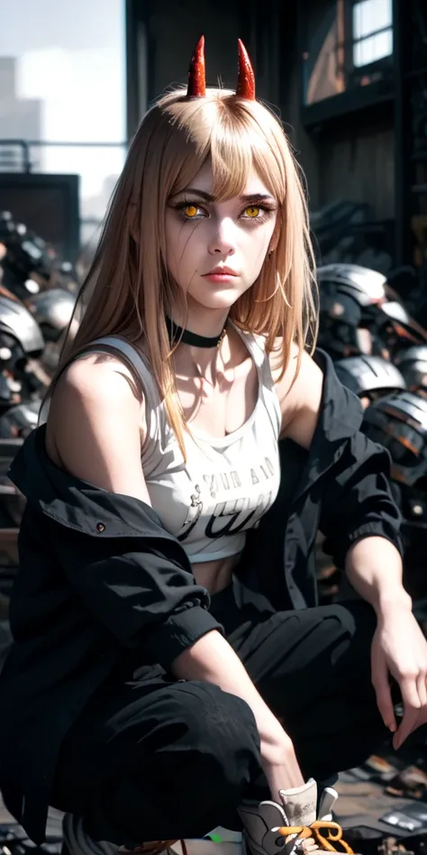 A highly detailed, masterpiece-quality portrait of a stylized female character with long blonde hair, red horns, and yellow eyes with cross-shaped pupils, crouching in an industrial, post-apocalyptic setting. She wears a white tank top, black pants, a part...