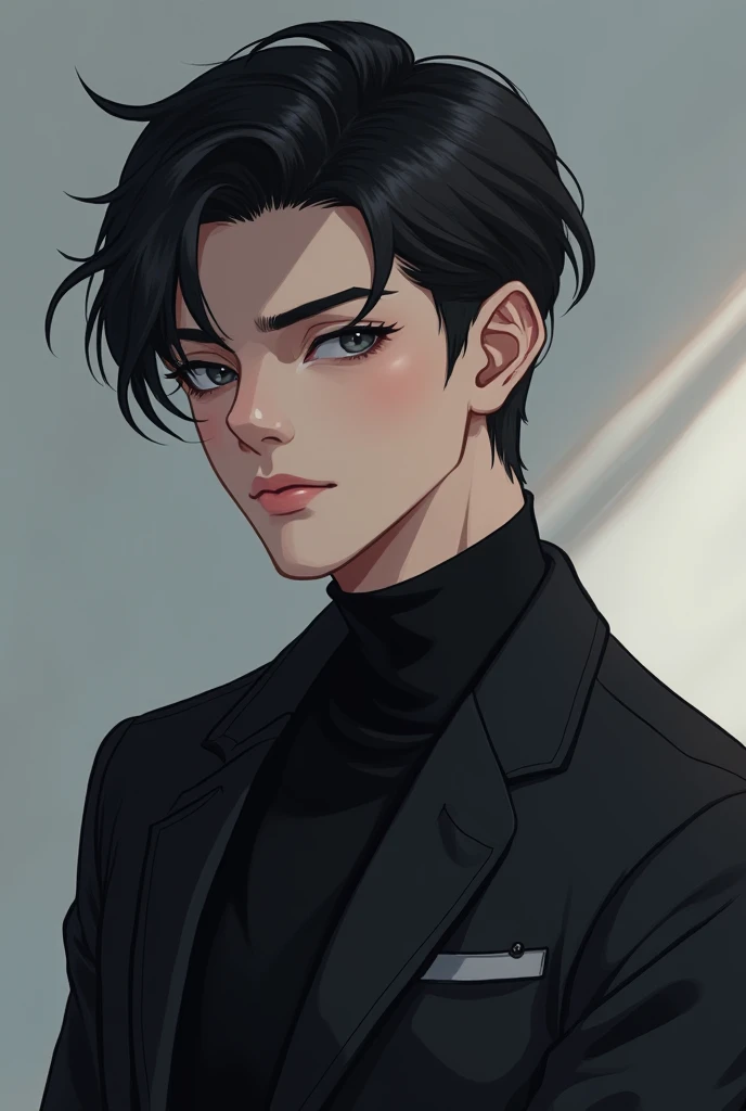 A very handsome anime boy with black hair and gray eyes and wearing a black jacket