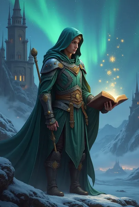 The divine archmage, a young male elf, stands tall against a backdrop of majestic towers, soaring islands and a starry sky with the northern lights. He is dressed in a robe with elements of armor made of magical metal with runes and crystals, in a hood and...