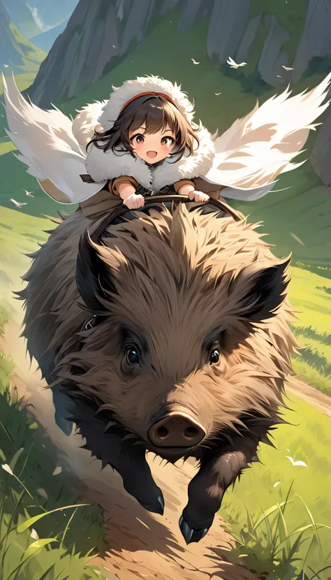  Super High Resolution Illustration, \BIRD'S EYE VIEW \,  1girl , With a cute wild boar, Alone,  Cute Woolly Boy ,  Soft and Fine Fur , Real Fur ,  Extreme Fluffy ,  Delicate Coat , Super tiny ,  BREAK The girl is piloting a wild boar, Above a wild boar , ...