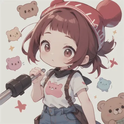 cute design, red strawsﾄHair that goes up to the waist　　black short sleeve jacket　Brown and black horizontal T-bar、 jeans　 chibi, deformed　 plain background　 1 girl,Alu hair up to the waist, burgundy red hair　,  chibiキャラ　　Put on a cute pink bear hat