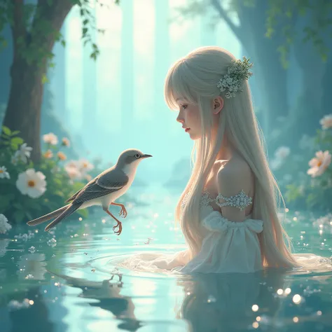 an image of a woman with long hair looking at a bird in front of a mirror, anime beautiful peace scene, mirror world, beyond the mirror, cgsociety 9, 2. 5 d cgi anime fantasy artwork