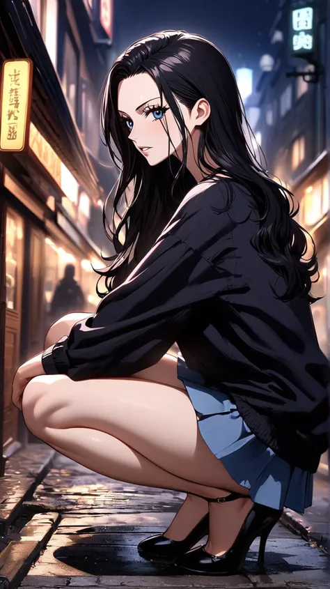 masterpiece, best quality, intricate details, 1 girl, woman, black hair, nico robin \ (one piece\), (long hair), t-shirt, pleated skirt, female focus, looking at viewer, ((side view)) ((close up shot)) ((solo)) ((hair slicked back)) detailed, very high res...