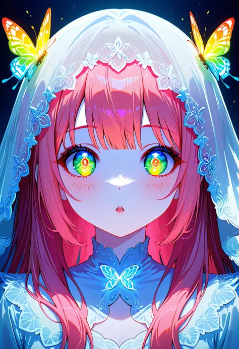 masutepiece, Highest Quality, (Perfect face:1.1), (high detailing:1.1), (ultradetailed eyes), Dramatic, superfine illustration, Extremely detailed, 1girl in, (pale skin), long pink Hair, Ethereal eyes, green eyes,tareme, (light eyebrow),blush,Solo, Smile, ...