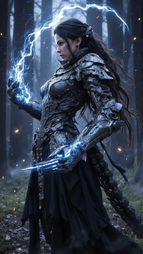  A masterpiece of women in medieval armor as a witch，high quality， Extremely detailed digital painting ，Cast a powerful lightning spell ，Charming setting， Surrealism ， Wrong Complicated Details ， Dramatic lights ， Mythical art by Midjourney 