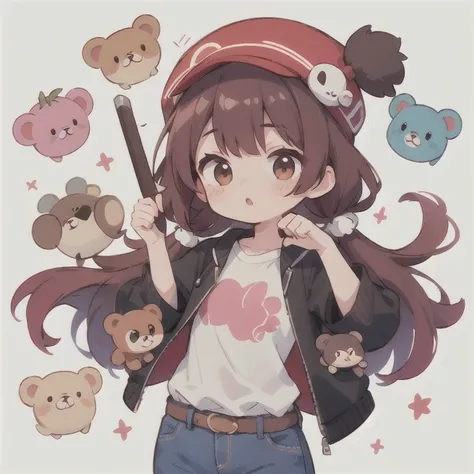  long hair　cute design, 赤い髪　red strawsﾄのWaist-length hair　　black short sleeve jacket　brown and black horizontal T-bar、 jeans　 chibi, deformed　 plain background　 1 girl,Waist-length hair, burgundy red hair　,  chibiキャラ　　Wear a pink cute plush bear hat