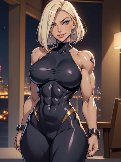 A gorgeous and stunning ((superheroine)), smirking, smiling, dominant, challenging demeanor, smug, teasing, tall, statuesque, imposing, towering, biceps, triceps, ((eight pack abs, extremely defined abs)), double bicep pose, ((costume, spandex)), wide shou...