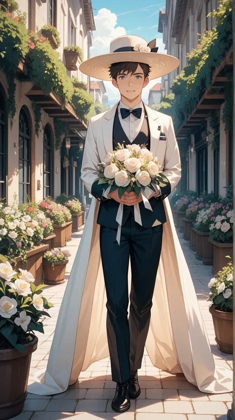 Full body image of a man in a silk hat and tuxedo holding a bouquet of flowers