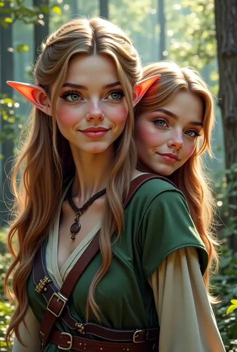 An impressive illustration of two young women, High quality and ultra-high resolution of a young female elf,  in his 40s , with white skin like porcelain with long, bright light brown hair,  Her almond-shaped eyes . A sweet and striking smile. She wears a ...