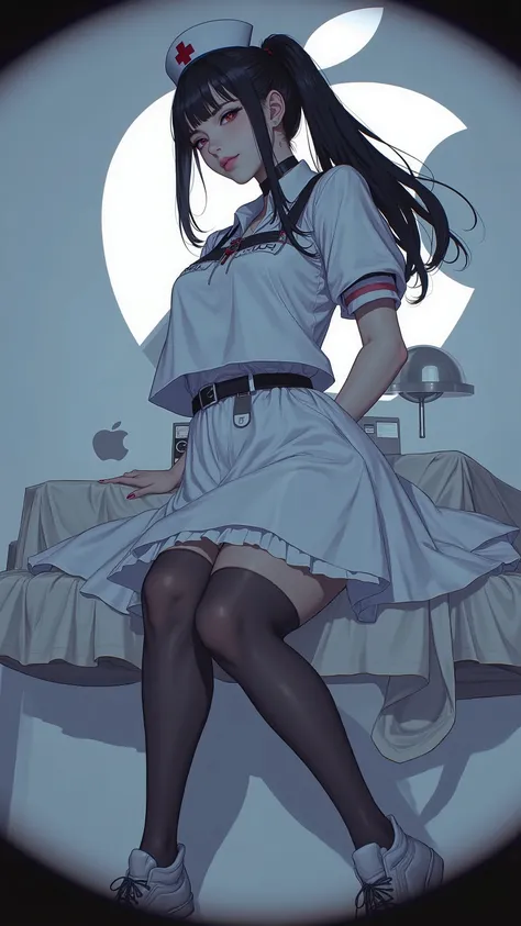  above、 Fisheye 、 beautiful Japanese woman ,  black hair with ponytail,That's emo  ,  nurse,  wearing sneakers ,   very sexy  , Apple logo on the background