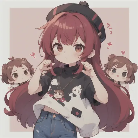  long hair　cute design, 赤い髪　red strawsﾄのWaist-length hair　　black short sleeve jacket　brown and black horizontal T-bar、 jeans　 chibi, deformed　 plain background　 1 girl,Waist-length hair, burgundy red hair　,  chibiキャラ　　Put on a pink fluffy hat