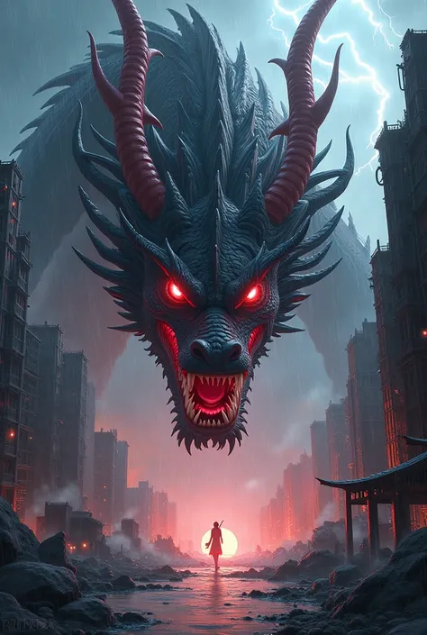  Huge black Chinese dragon with red eyes, And with their red horns, bloodthirsty,  anime style (In a city destroyed by her while it's raining and thundering)