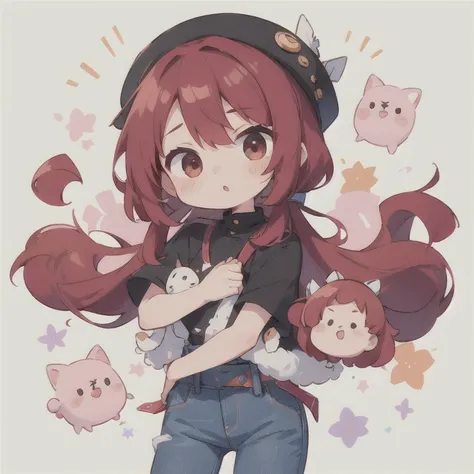  long hair　cute design, 赤い髪　red strawsﾄのWaist-length hair　　black short sleeve jacket　brown and black horizontal T-bar、 jeans　 chibi, deformed　 plain background　 1 girl,Waist-length hair,  burgundy red hair　,  chibiキャラ　　Put on a pink fluffy hat