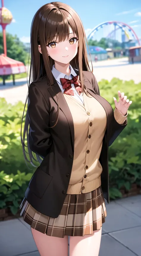 masterpiece, best quality, highres, 1girl, brown hair, long hair, bangs, brown eyes, big breasts, red bowtie, , black jacket, open jacket,moca brown cardigan, white shirt, gray skirt, plaid skirt, smile,  arms behind back, leaning forward, amusement park,