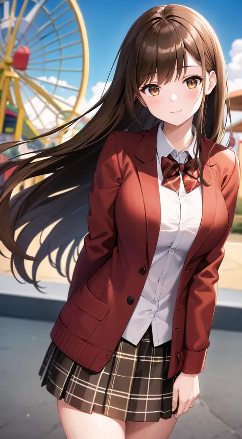 masterpiece, best quality, highres, 1girl, brown hair, long hair, bangs, brown eyes, big breasts, red bowtie, , black jacket, open jacket,moca brown cardigan, white shirt, gray skirt, plaid skirt, smile,  arms behind back, leaning forward, amusement park,