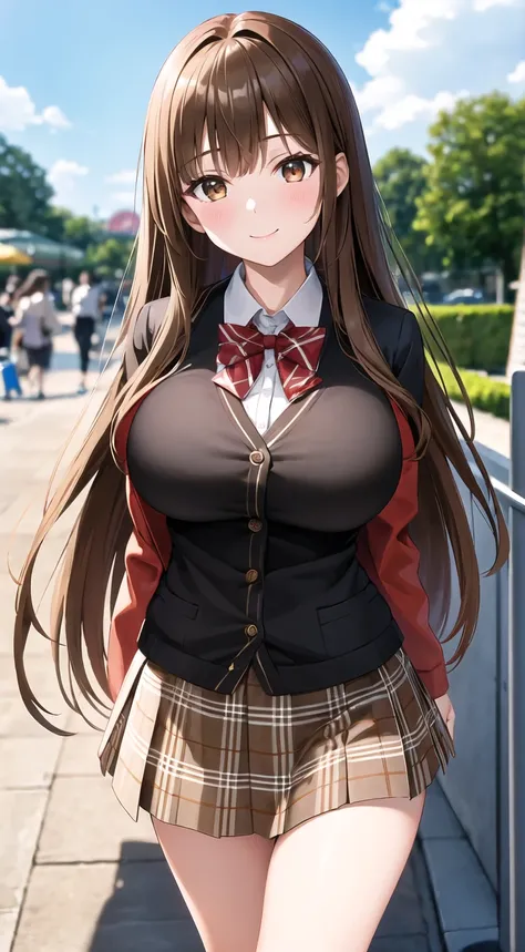 masterpiece, best quality, highres, 1girl, brown hair, long hair, bangs, brown eyes, big breasts, red bowtie, , black jacket, open jacket,moca brown cardigan, white shirt, gray skirt, plaid skirt, smile,  arms behind back, leaning forward, amusement park,