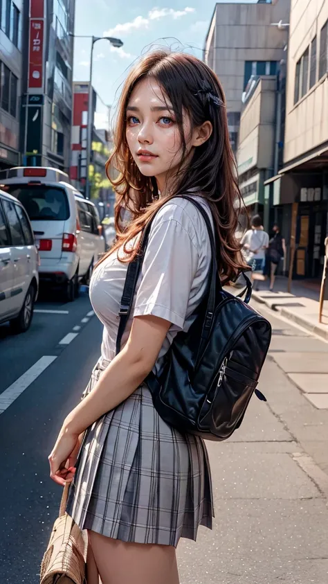 a beautiful 18 year old Japanese high school girl with perfect anatomy, healthy thighs, beautiful legs, beautiful skin, random hair color and style, large breasts, (wearing a Japanese schoolgirl uniform:1.3), (she is standing:1.2), penny loafers, holding a...