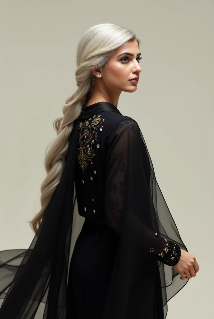 a girl with long hairs and White colour with balance body figure in the Pakistani dress  of black  shalwar kameez and dupata 