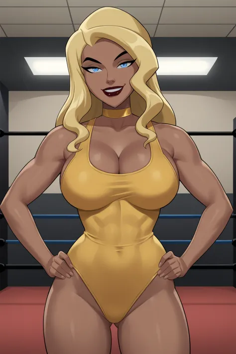 PonyXLV6_Scores BREAK ((parody), perfect anatomy, perfect eyes, cowboy shot) BREAK dinah lance, long hair, blond hair, blue eyes, dark-skinned female,  ((looking at viewer)),  yellow choker, cleavage, yellow wrestling singlet, large breasts, curvy, toned, ...