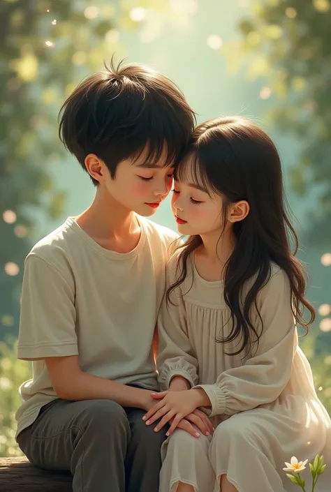 One korean boy with a girl sitting together 