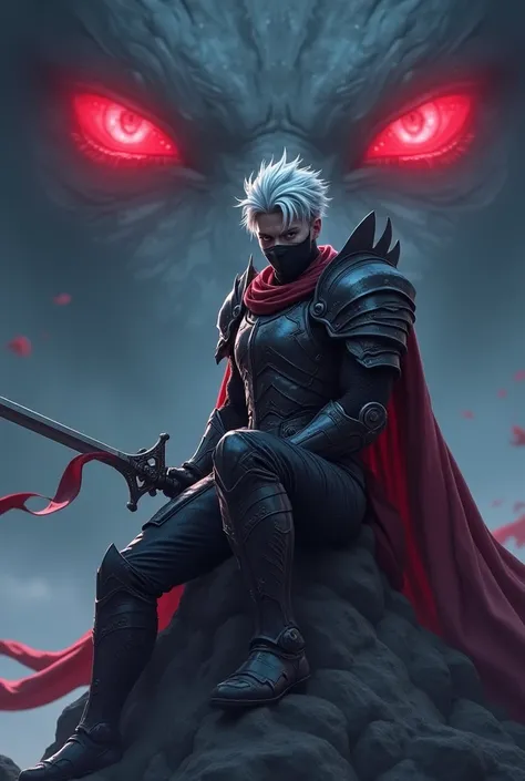 Create a handsome 18+ year old  young man with silver hair, a crimson red eye, wearing battle armor and mask on his face like some anime characters sitting on the mountain of death body of monsters holding a dragon sword. Show two giant pairs of eyes in th...