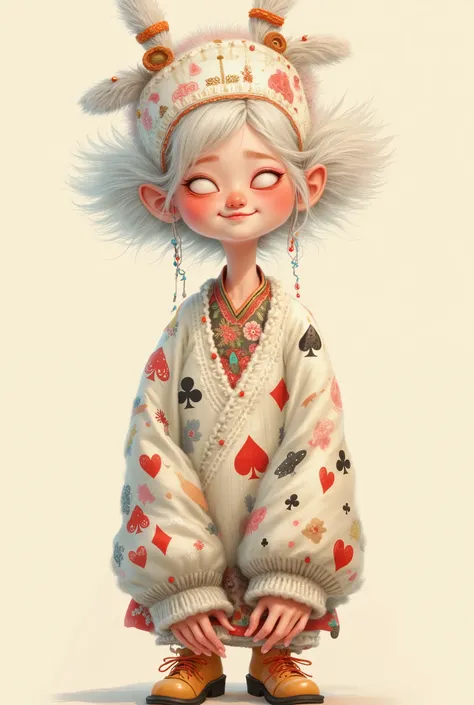 illustration， cartoon，Pixar，( masterpiece,   Best Quality :1.2), 1 Chinese Grandma ,  is unique，White wavy hairstyle， Light and Fluffy Long Hair ，扑克牌发带，扑克牌毛衣，pure background ，in style of dieselpunk , 