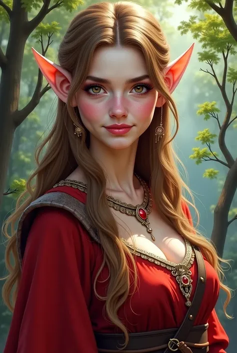 An impressive illustration of two young women, High quality and ultra-high resolution of a young female elf,  in his 40s , with white skin like porcelain with long, bright light brown hair, your high quality and ultra-high resolution shiny brown almond eye...