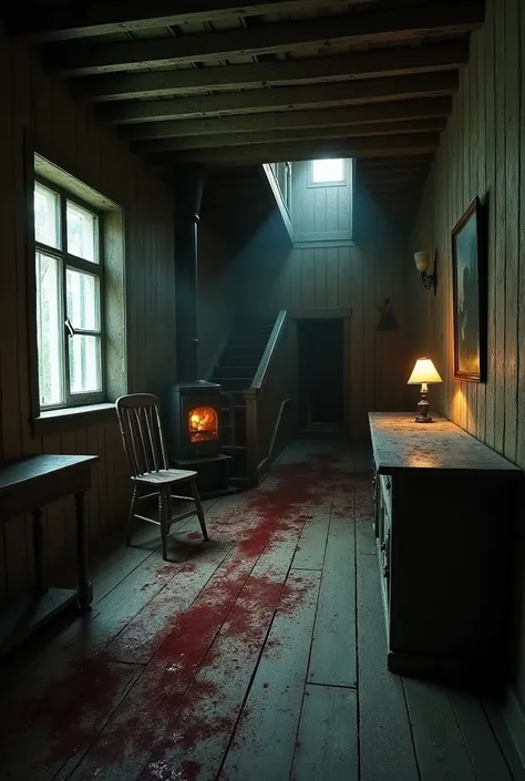 "The haunting interior of the Hinterkaifeck farmhouse, eerily silent, with bloodstains on the floor. The wooden furniture is aged and cracked, with a fireplace that flickers in the background. A broken chair lies on the floor, and a dark shadow lingers nea...