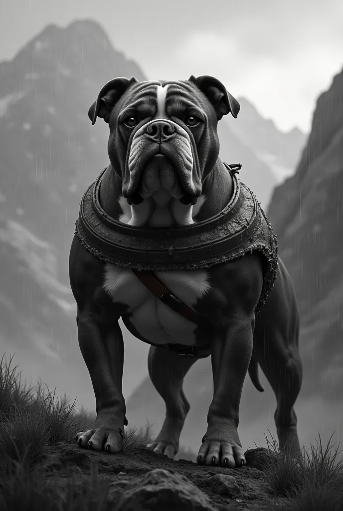 A black and white pet bull dog wears an old copper shield on a night and a quiet rain in a mountain plateau