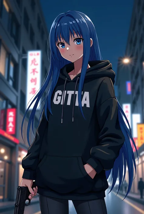 Create an anime character with the following specifications:

Background: Night city featuring the capital text "GLBK".
Appearance: Tanned skin with a realistic, HDR aesthetic in a Japanese style.
Body: Full body depiction, equipped with a pistol.
Age: 20 ...