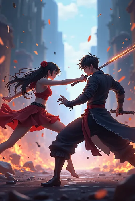 A video of a male anime character fighting a female character in an epic fight