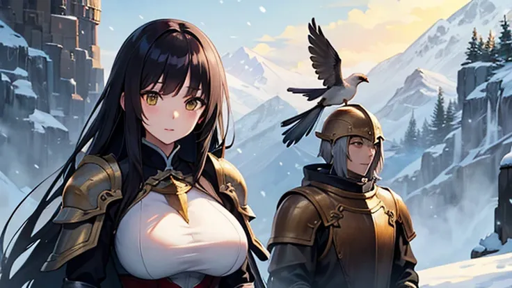  anime、 long dark hair、woman、silver and yellow armor、 have long spears、A bird is on my shoulder、 facing the front、 western fantasy、Paladin painting、Big Breasts、 Snow Mountain 、womanの戦士