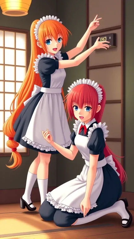 Orange long-haired maid and red short-haired maid