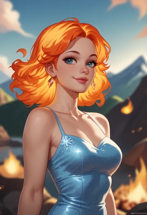 score_9, score_8_up, score_7_up, Western Comics, Portrait, girl, cute, seductive, innocent, light smile:0.3, plump lips, slender body, fire and ice, flaming hair, wild hair, in ice dress, Volcano Background, depth of field, dynamic angle, fashion photograp...