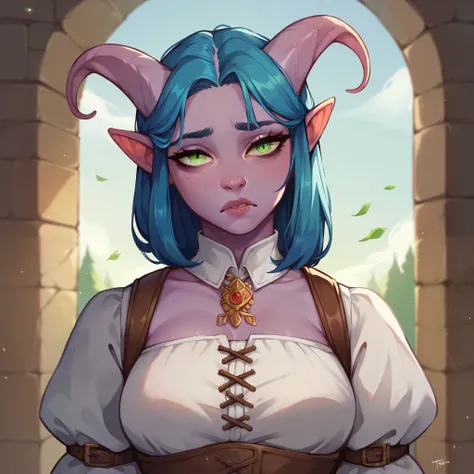 a female Tiefling with purple skin and green eyes and blue hair. she looks very depressed and sad with bags under her eyes. she wears white medieval clothes and is looking at you while standing in a castle room. she has a smaller boobs. pov