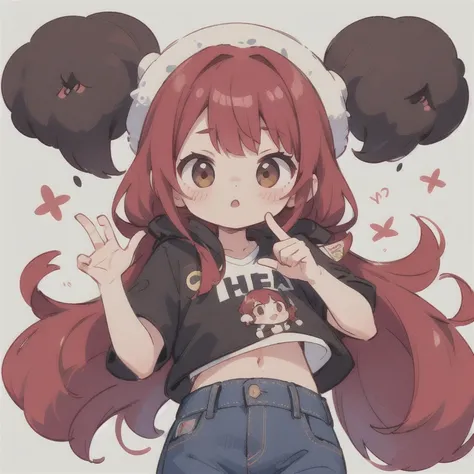  long hair　cute design, 赤い髪　red strawsﾄのWaist-length hair　　black short sleeve jacket　brown and black horizontal T-bar、 jeans　 chibi, deformed　 plain background　 1 girl,Waist-length hair,  burgundy red hair　,  chibiキャラ　　Put on a pink fluffy hat