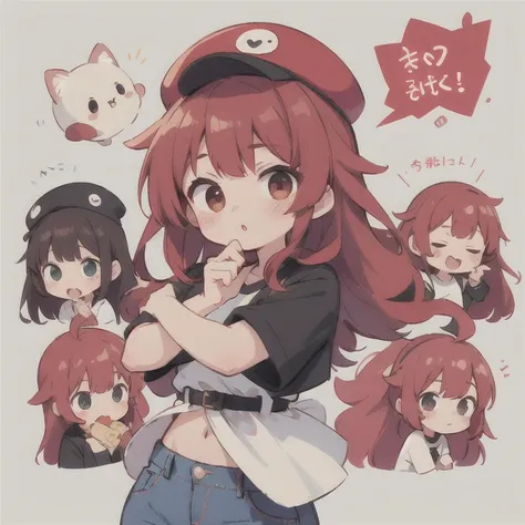  long hair　cute design, 赤い髪　red strawsﾄのWaist-length hair　　black short sleeve jacket　brown and black horizontal T-bar、 jeans　 chibi, deformed　 plain background　 1 girl,Waist-length hair,  burgundy red hair　,  chibiキャラ　　Put on a pink fluffy hat