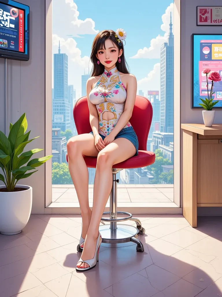 A minimalist line art stilish elegant illustration of a gorgeous slim busty asian woman sitting on a futuristic high stool, in front of a large glass panel, with a view of a colorful futuristic city . She is wearing a short colorful embroidered mini qipao,...