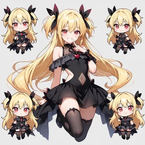 ((masterpiece, best quality, extremely detailed)), 1girl, ((chibi, chibi only)), blonde hair, long hair, red eyes, demon girl, fluffy, (magical girl, off-shoulder dress, sleeveless dress, navel cutout, see-through navel, side cutout, see-through cleavage, ...