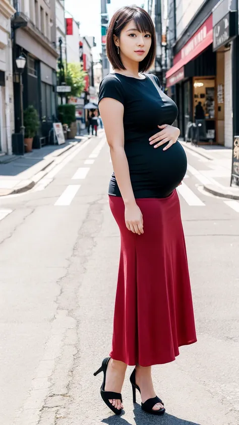 masterpiece, Best Quality, 8K,looking at the viewer,Japanese Lady,20 years old, huge pregnant, Voluptuous,  boutique background, half tight fit top, midi skirt,  shoulder length hairstyle, standing 