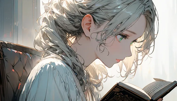  top quality, Super Fine, 16k,   is unbelievably ridiculous,  extremely detailed, 2.5D,  Subtle and dynamic , Profile of a beautiful woman reading a book,   hair is hidden behind the ears ,  hair ivory ,  Green Eyes,  portrait