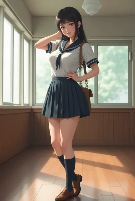 18 year old asian woman with a big chest in a schoolgirl costume