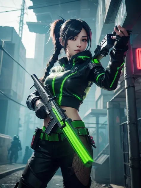 a drawing of a woman with a gun, wearing cyberpunk streetwear, rossdraws global illumination, green body, fortnite character, concept art of comiket cosplay, korean mmorpg, in the cyberpunk countryside, character splash art, android heroine, high quality