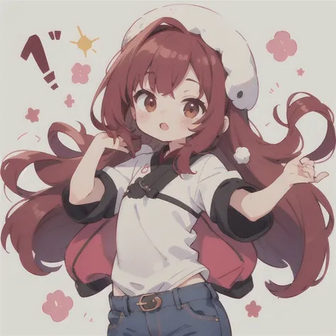  long hair　cute design, 赤い髪　red strawsﾄのWaist-length hair　　black short sleeve jacket　brown and black horizontal T-bar、 jeans　 chibi, deformed　 plain background　 1 girl,Waist-length hair,  burgundy red hair　,  chibiキャラ　　Put on a pink fluffy hat