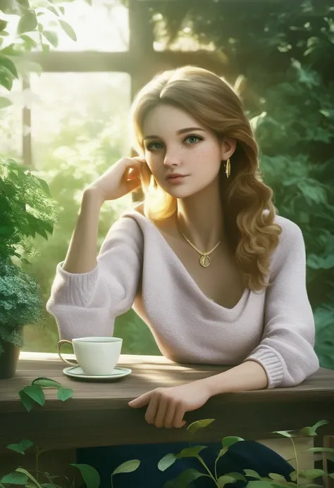 Woman (ethnicity:1.0), (age:25-30), with reddish-brown hair (detailed hair:1.2), wearing a light beige sweater (detailed clothing:1.2), small gold earrings (accessories:1.1),  looking directly at camera, (facial expression:1.2), medium build (body type:1.1...