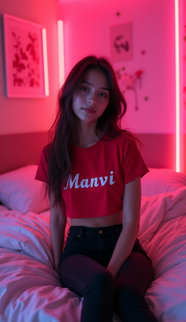 A girl sit on bed in a pink coloured neon beautiful room and she wear red top with name manvi and black coloured jeans 