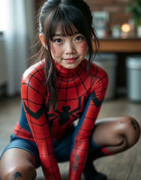 She is a beautiful Japanese girl, She is beautiful、 cute,  She's wearing a tattered Spider-Man bodysuit torn in battle ,  bodysuit is super sexy and Spider-Man themed ,  super oily rough eyed garter fishnet tights  , Battle-stained body 、mud、scratch、Dirty ...