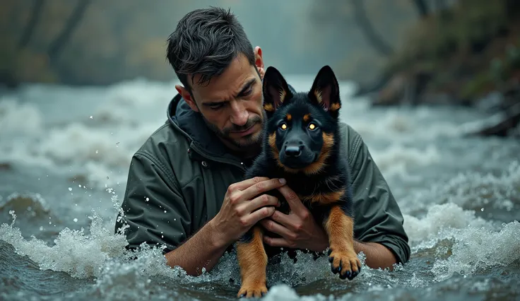 "A man pulls a drowning German Shepherd puppy from a raging river, his face filled with relief. As he holds the soaked pup, a mysterious glow surrounds them, and the air crackles with energy. The puppy’s eyes shimmer with an unnatural light, hinting at som...